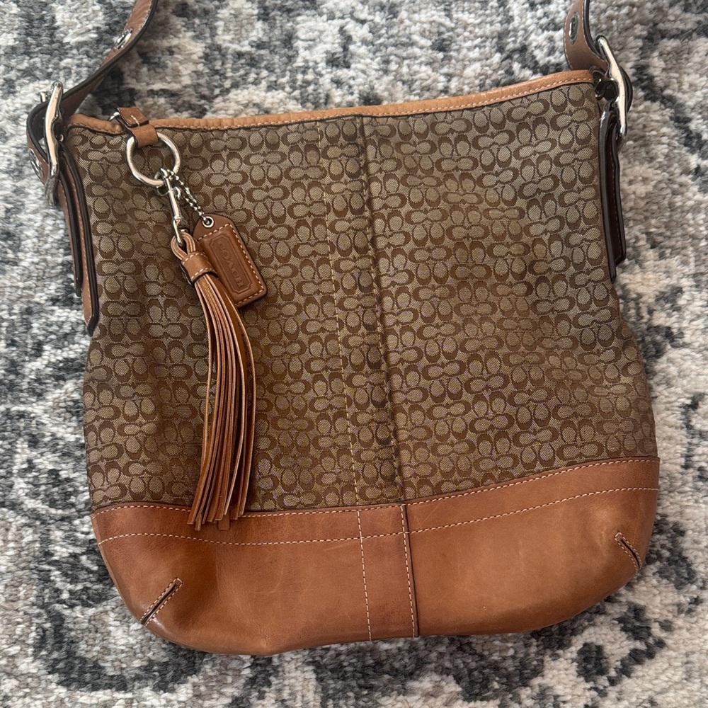 Vintage Coach Tan and Brown Signature Shoulder Bag